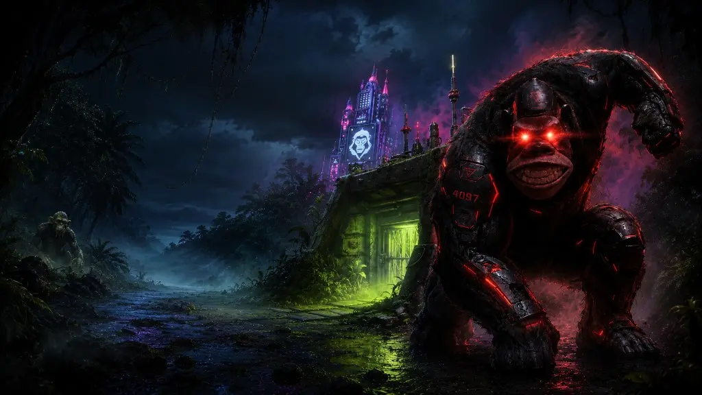 ApeScape Online — cybernetic ape in the jungle with ApeChain skyline