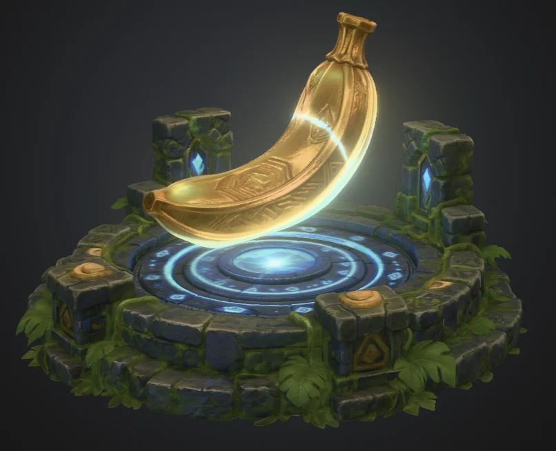 Golden banana artifact on a glowing jungle stone pedestal in ApeScape Dungeons