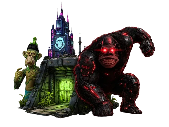 ApeScape Dungeons bunker entrance with zombie ape explorer and armored cyber gorilla floor holder