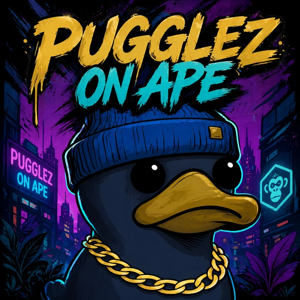 Pugglez On Ape companion in a neon cyberpunk city — Genesis Era collection art